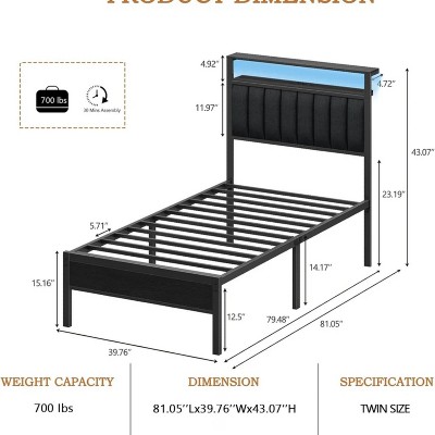 Furnulem Bed Frame with Charging Station and LED Lights, Platform Bed Grey Upholstered Headboard with 2-Tier Storage Shelves, No Box Spring Needed