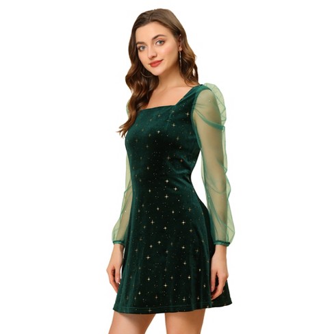 Womens Emerald Green Velvet Dress Fit and Flare Evening Prom Party Wear  Dresses