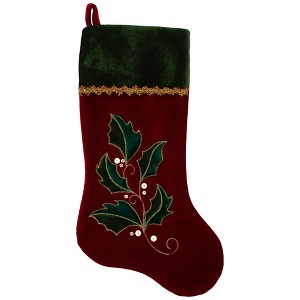 Northlight 21" Red and Green Holly Embroidered Velvet Christmas Stocking - 1 of 4