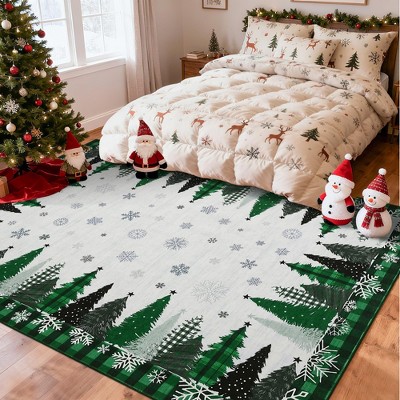 Christmas Area Rug, Christmas Tree Print Throw Carpet with Non Slip Backing, Non Shedding Low Pile Floor Carpet for Living Room, Bedroom