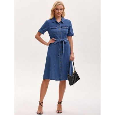 Женские платья INSPIRE CHIC Women's Denim Button Down Short Sleeve Belted Casual Jean Shirt Dresses Medium Blue — фото 3