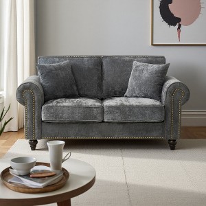 63" Modern 2-Seater Chenille Sofa with Rolled Arms, Wood Legs & Nailhead Trim - 1 of 4