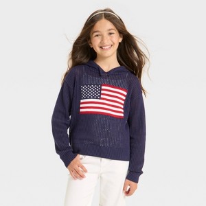 Girls' 4th of July Flag Sweater - Cat & Jack™ Navy Blue - 1 of 4