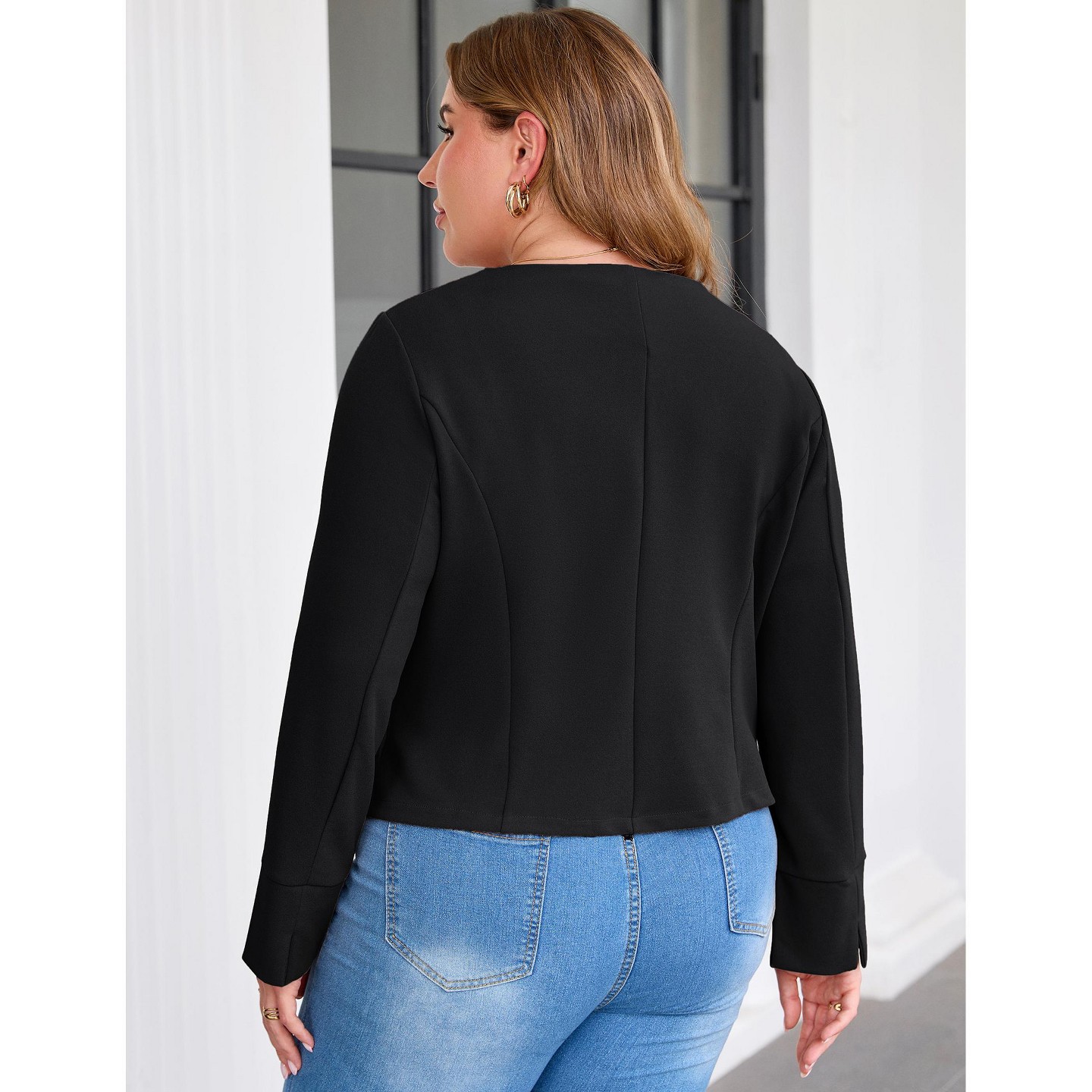 Женская куртка YesFashion Women Plus Size Cropped Jacket Round Neck Button Down Long Sleeve Cuffed Outerwear with Flap Pockets, BLACK,5X, цвет: Чёрный — фото 5