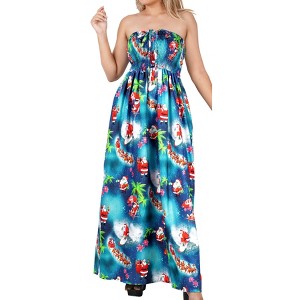 HAPPY BAY Women's A line Slit Maxi Casual Beach Vacation Dress Tube Top Long Strapless Christmas Holiday Dresses for Women L-XL Blue Palm Tree - 1 of 4