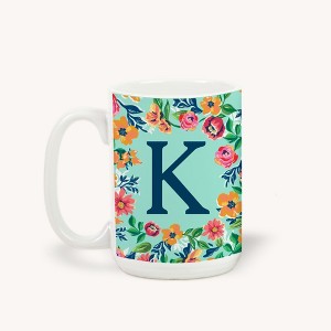 Personalization Mall Flowery Initial Coffee Mug, 15 Oz., Blue Aqua - 1 of 1