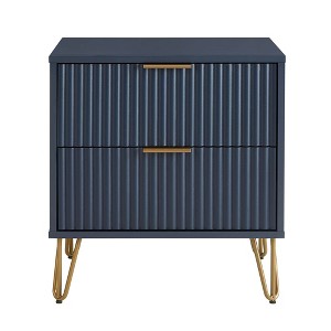 Gulches Midnight Blue 2-Drawer Fluted Nightstand, Modern Glam MDF Side Table with Gold Metal Legs/Handles, Tool-Free "Snap It" Assembly - 1 of 4