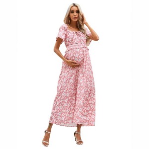 Coolmee Womens Maternity Casual Summer Maxi Dress Square Neck Short Sleeve Boho Floral Print Tie Front Long Dress - 1 of 4