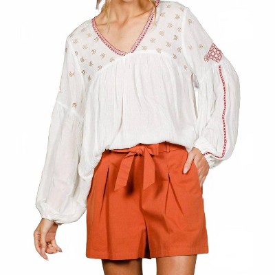 Women's V-neck Bohemian-inspired Embroidered Detail Blouse - Vine & Love