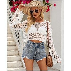 Women's Hollow Out Knitted Pullover Sweater Crochet Cropped Sweater Top Long Sleeve Casual Cover Up Top - 1 of 2
