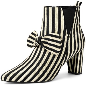 BLISSFUL STEP Bow Stripe Pointed Toe Chunky Heels Ankle Boots for Women - 1 of 4