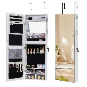 VECELO Jewelry Cabinet, Wall/Door Mounted Lockable Full-Length Mirrored Jewelry Cabinet, Interior Mirror and Makeup Light, White - 1 of 4