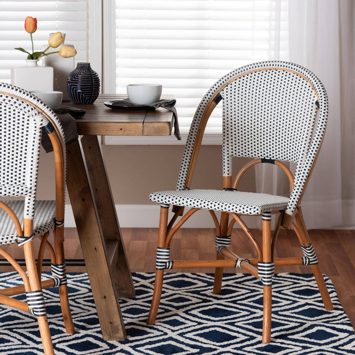 bali & pari Genica Two Tone Weaving and Rattan Bistro Chair Navy Blue/White/Natural Rattan