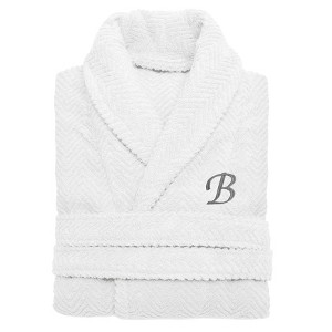 Linum Home Textiles 100% Turkish Cotton Unisex Personalized Herringbone White Bathrobe in Grey Chancery Font - 1 of 2