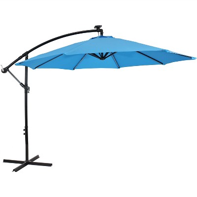 Sunnydaze Outdoor Steel Offset Solar Patio Umbrella with LED Lights, Air Vent, Cantilever, Crank, and Base - 9' - Azure