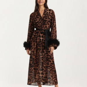 Anna-Kaci Lounge Women's Leopard Print Mesh Robe Dress with Feather Sleeves and Satin Tie Waist in Longline Silhouette - One Size Fits Most, Brown - 1 of 4