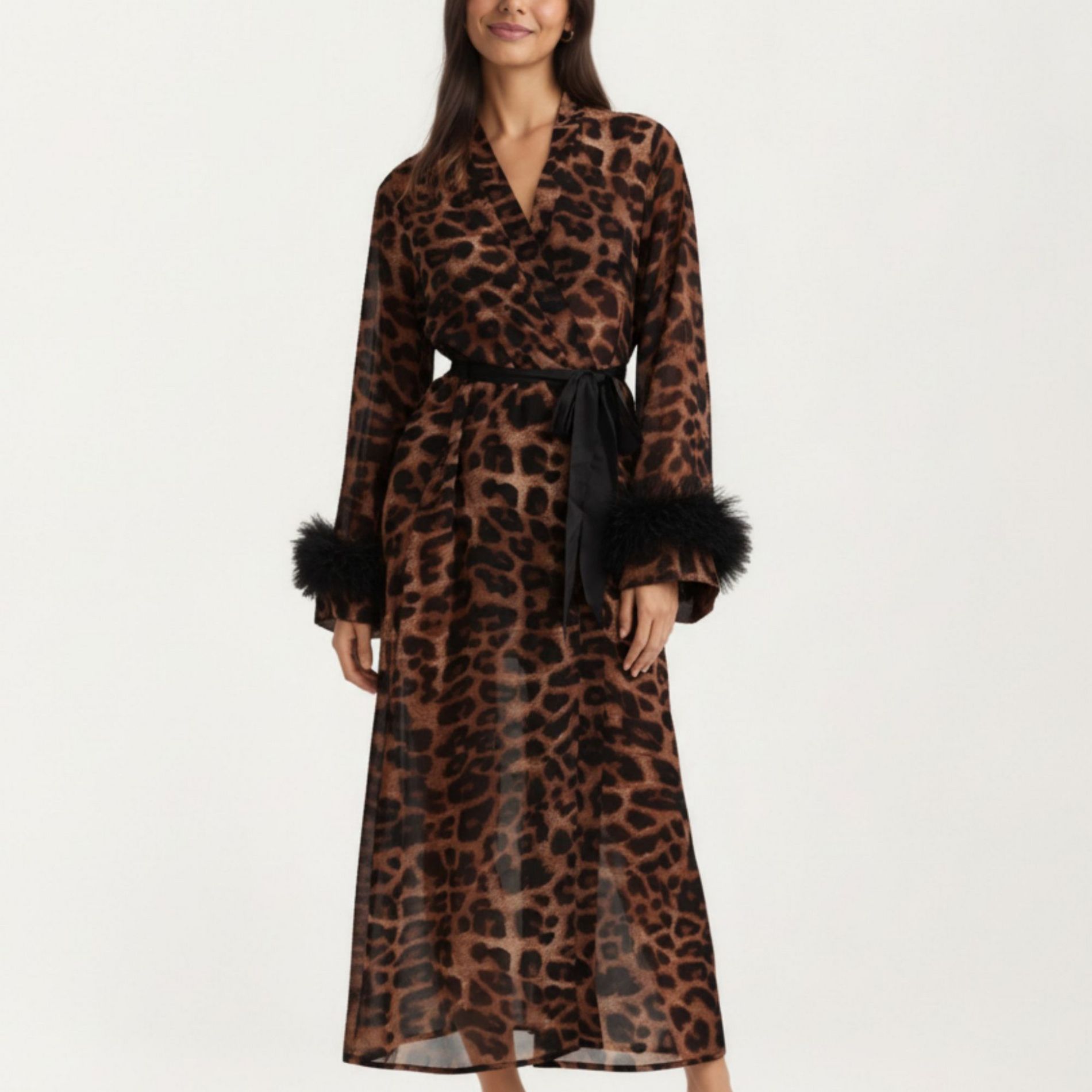 Anna-Kaci Lounge Women's Leopard Print Mesh Robe Dress with Feather Sleeves and Satin Tie Waist in Longline Silhouette - One Size Fits Most, Brown