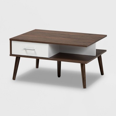 Merlin Two-Tone 2 Drawer Coffee Table White/Walnut - Baxton Studio