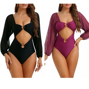INSPIRE CHIC Women's Cut Out Ring Plunge Neck Shirred Long Sleeves Mesh Tummy Control Monokini Swimsuit 2 Sets - 1 of 4