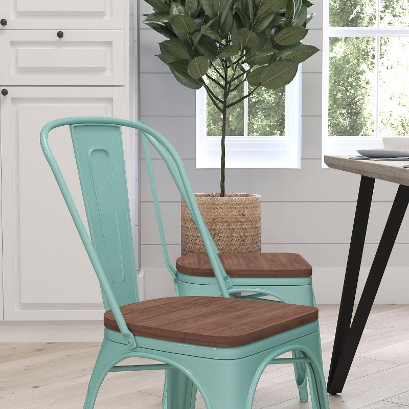 Merrick Lane Calumet Metal Stacking Chair with Curved, Slatted Back and Rustic Wood Seat, 4 of 9