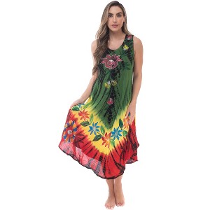 Riviera Sun Womens Tie Dye Summer Dress - Beach Cover Up with Embroidery - Rasta Color Dresses for Women  - Red Green Yellow Black - 1 of 3