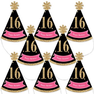 Big Dot of Happiness Chic 16th Birthday - Pink, Black and Gold - Mini Cone Birthday Party Hats - Small Little Party Hats - Set of 8 - 1 of 4