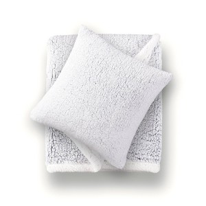 50"x60" Nova Reversible Faux Shearling Throw Blanket and 18"x18" Square Throw Pillow Set - Crescent & Starlight - 1 of 4