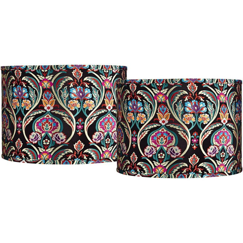 Springcrest Set of 2 Drum Print Lamp Shades Multi-Color Bohemian Medium 15" Top x 15" Bottom x 11" High Spider Harp Finial Fitting, 1 of 7