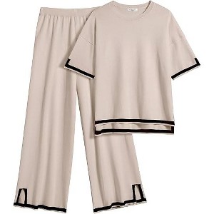 Ekouaer Lounge Set for Women Travel Outfits 2 Piece Sets Short Sleeve Sweater Top Wide Leg Long Pants Loungewear - 1 of 4