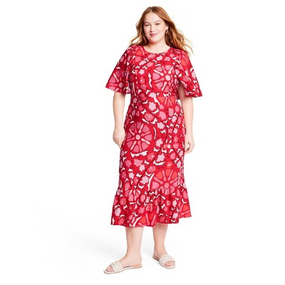 Women's Large Zinnia Floral Print Bell Sleeve Midi Dress - RHODE Red/Pink