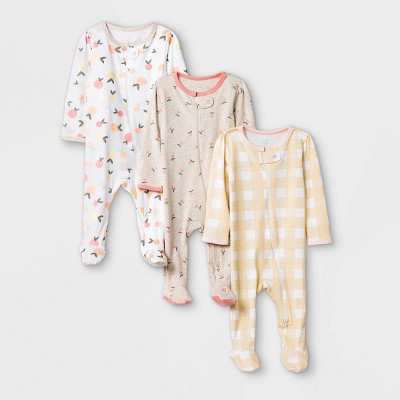 Image of Baby Girls' 3pk Fruit Print Zip-Up Sleep N' Play - Cloud Island™ Yellow/Brown/White Newborn