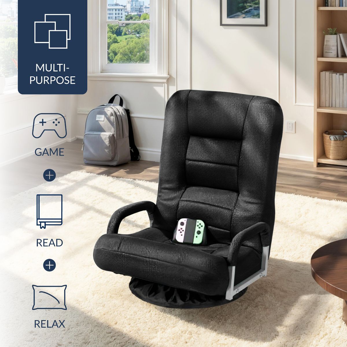 Best Choice Products 360-Degree Swivel Gaming Floor Chair w/ Armrest Handles, Foldable Adjustable Backrest - Black/Red - thumbnail 3