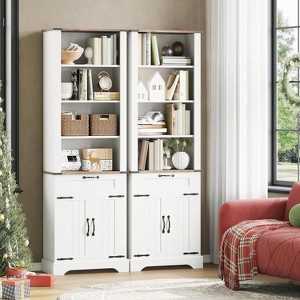 Acekool 72" White Farmhouse Bookshelf, 4 Tier Bookcase with Barn Door, Drawer, Adjustable Shelves, Storage Cabinet for Home or Office - 1 of 4