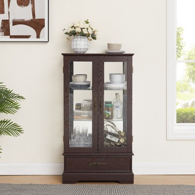 FURNIinspire Utility Storage Cabinets Glass Cabinet, Standing Display Cabinet, Modern Showcase With Glass Shelves, Drawer, Brown, 25.98"*11.81"*47.44"