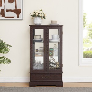 FURNIinspire Utility Storage Cabinets Glass Cabinet, Standing Display Cabinet, Modern Showcase With Glass Shelves, Drawer, Brown, 25.98"*11.81"*47.44" - 1 of 4