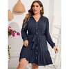 Women's Plus Size Long Sleeve Dress V Neck Button Front Belted Shirt Dress A Line Ruffle Midi Dress - 3 of 4