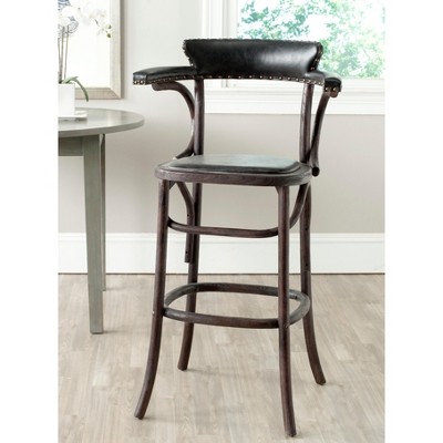 Antique Black Oak and Metal Transitional Bar Stool with Brass Nail Heads