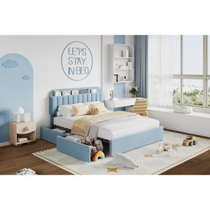 COZONY Upholstered Platform Bed Frame with  Storage Drawers & Bookcase Headboard, Boucle Bed for Kids/Teens, Noise-Free & Easy Assembly - 1 of 4