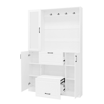 Vynxaria 51.1" 3-in-1 Entryway Bench with Shoe Cabinet, Mirror, and Hooks
