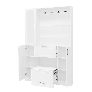 Vynxaria 51.1" 3-in-1 Entryway Bench with Shoe Cabinet, Mirror, and Hooks - 1 of 4