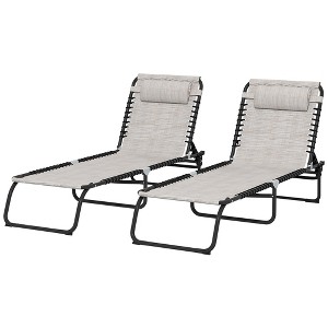 2 Folding Chaise Lounge Pool Chairs with 4-Position Reclining Back, Pillow, Breathable Mesh & Bungee Seat - 1 of 4