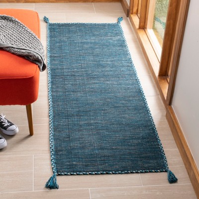 Handwoven Blue and Black Cotton Runner Rug with Tassels