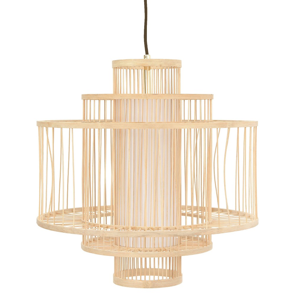 Photos - Chandelier / Lamp Storied Home Boho Tiered Bamboo Chandelier Natural: Ceiling Lighting, Matte Gold Canopy, UL Listed