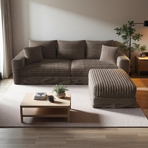 82.7" Plush Corduroy L-Shaped Sectional Sofa, 1 Ottoman, Deep Seat - 1 of 4
