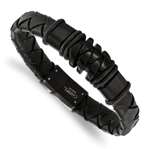 Black Bow Jewelry Black Plated Stainless Steel & Black Leather Woven Bracelet, 8.25 Inch - image 1 of 2