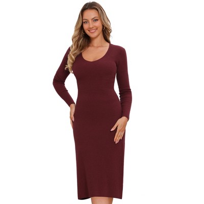 INSPIRE CHIC Women's V Neck Long Sleeve Ribbed Knit Midi Sweater Dresses