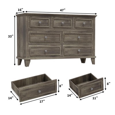 Scaled diagram showing dimensions of a 7-drawer dresser and two drawer chests