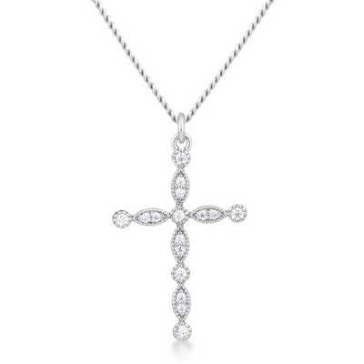 ShineHigh Vintage CZ Cross Pendant Necklace – Clear Cubic Zirconia in Rhodium or Gold-Plated Finish on 16" + 2" Adjustable Chain