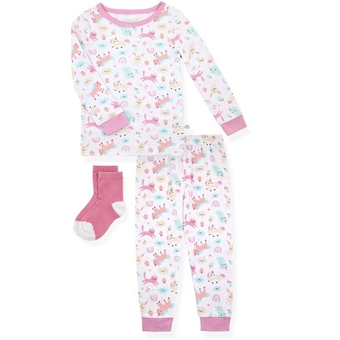 Sleep On It Infant Girls 2-Piece Super Soft Jersey Snug-Fit Pajama Set with  Matching Socks - Magical Animals, White & Pink, Size 24M