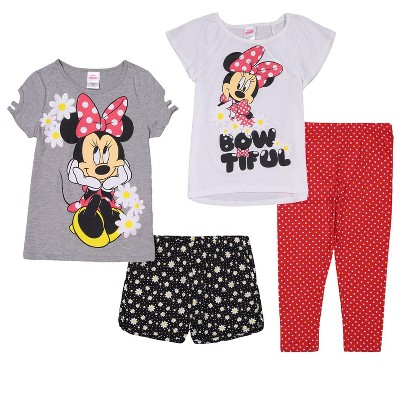 Mickey Mouse & Friends Minnie Mouse Graphic T-Shirts Leggings and Shorts 4 Piece Outfit Set Polka Dots White/Heather Gray 